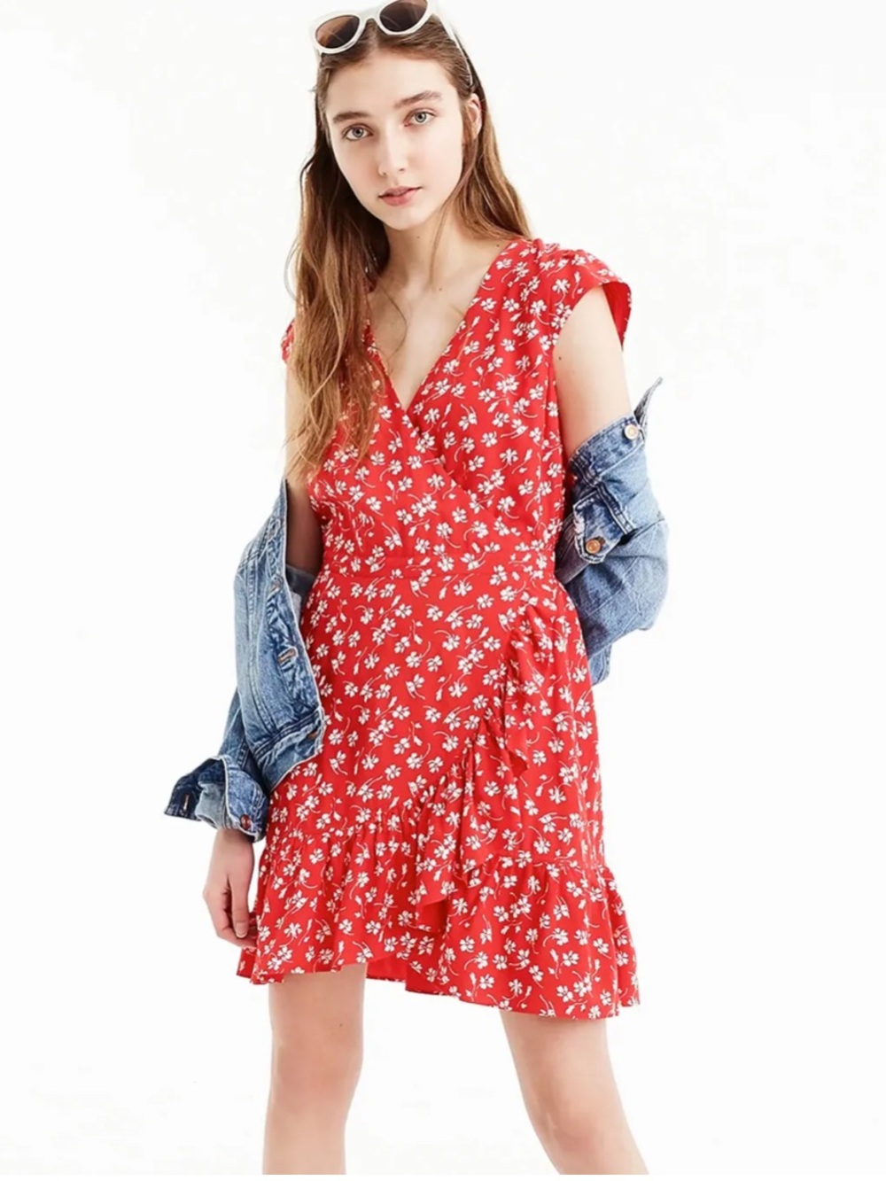 J.Crew Mercantile red floral faux-wrap dress with a ruffled hem - Picture 1 of 15